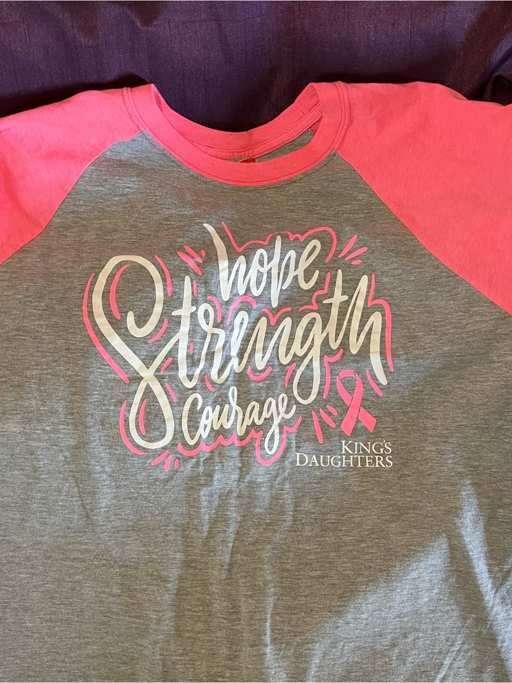 Hanes Womans Gray & Pink Raglan Tee with Hope Strength Courage Graphic
